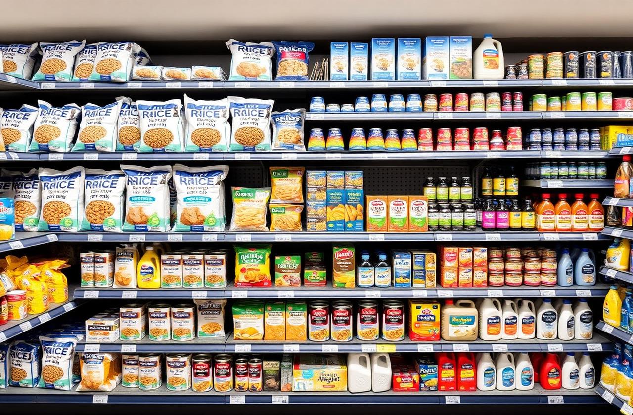 Estantería con productos de abarrotes organizados por categoría